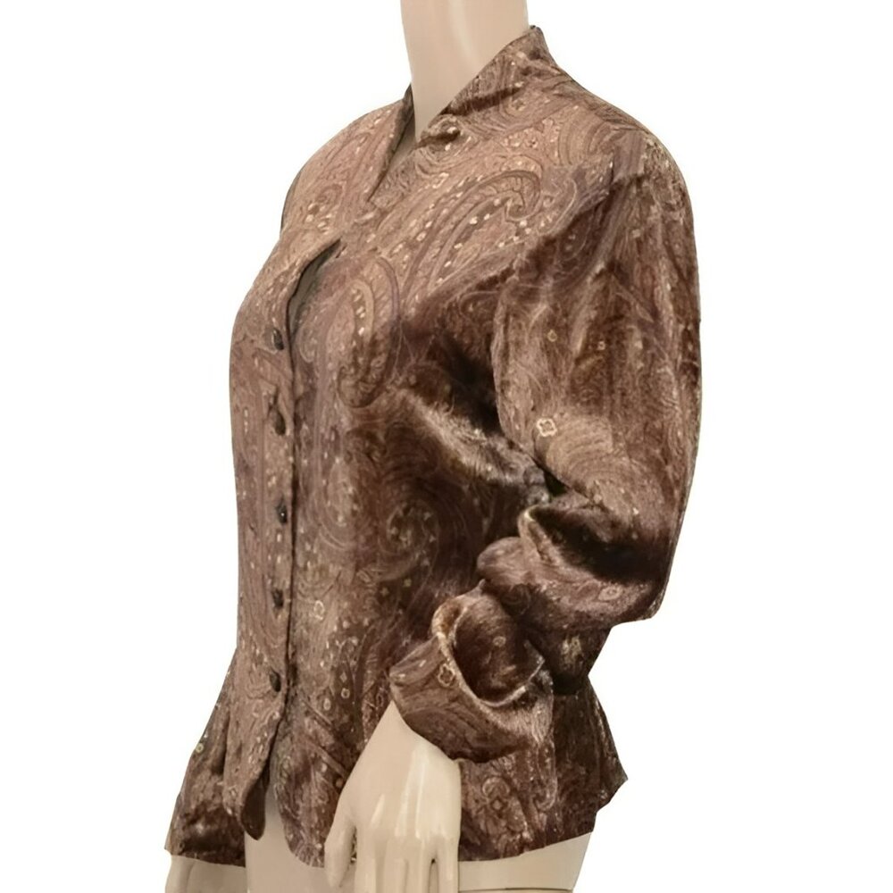 Vintage Buchman Brown Green Copper Paisley Velvet Peplum Top Jacket  Blazer L 10 - Picture 2 of 6